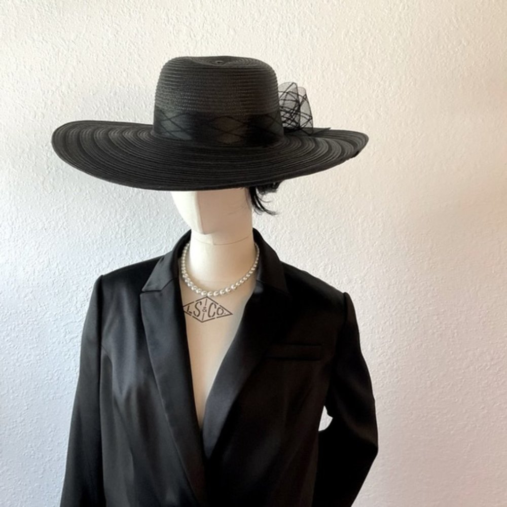 new Black Josette Wide Brim Hat. Bow at back
